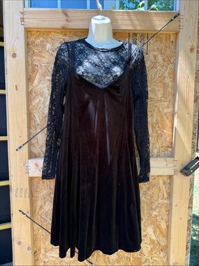 Black Velvet Slip Dress with Sheer Lace Long Sleeves